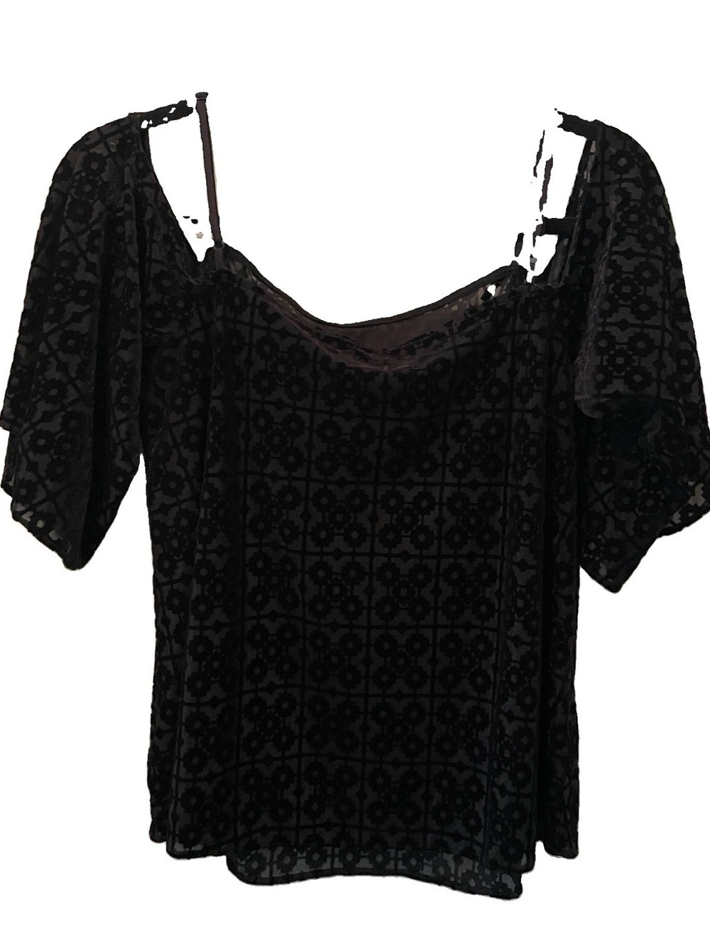 Bailey 44 Black Velvet Burnout Geometric Cold Shoulder Top Made in USA Small